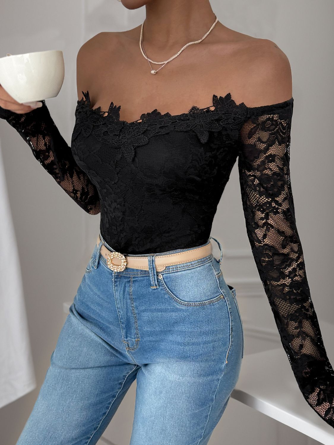 Perfee Lace Off-Shoulder Long Sleeve Bodysuit Sunset and Swim   