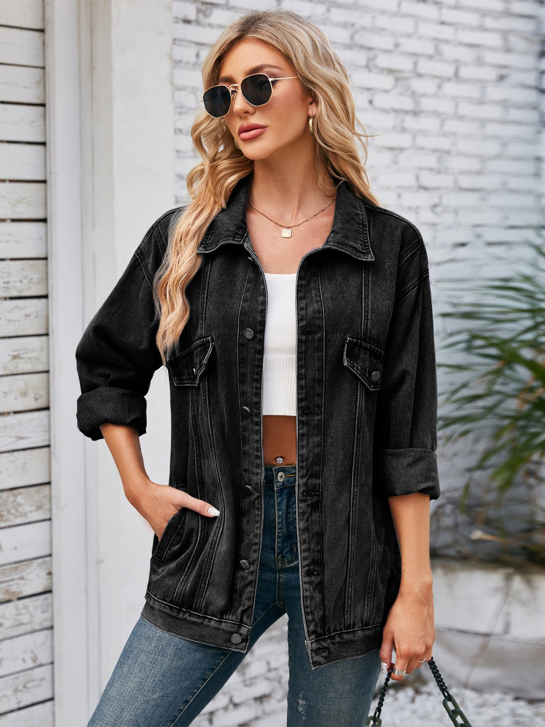 Button Up Long Sleeve Denim Jacket Sunset and Swim Black S 