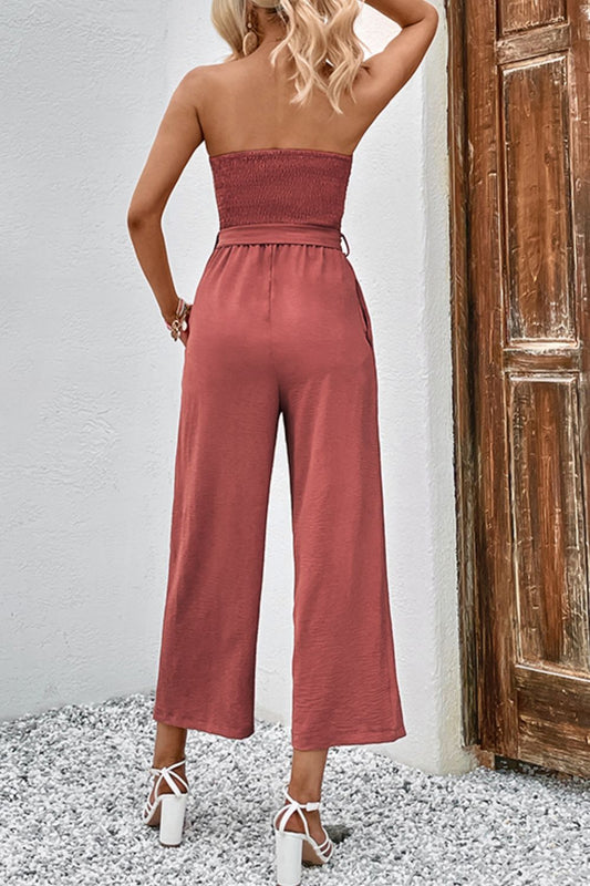 Decorative Button Strapless Smocked Jumpsuit with Pockets Sunset and Swim   