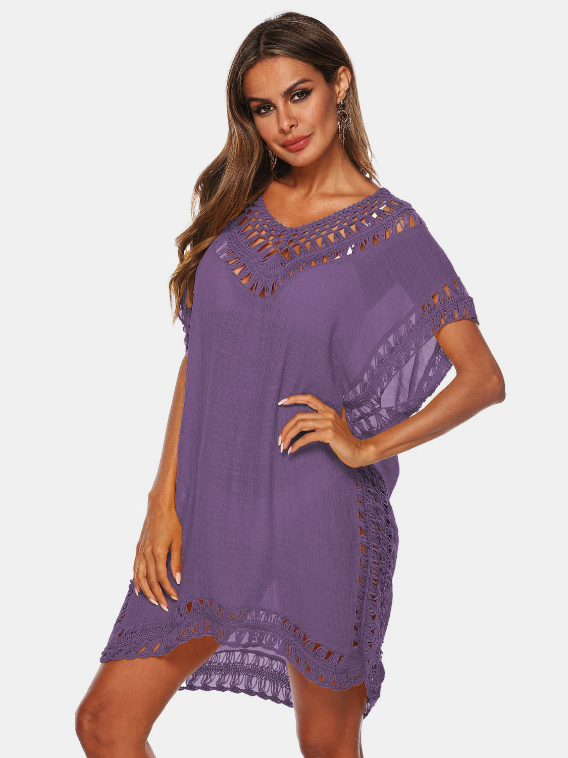 Sunset Vacation  Cutout V-Neck Short Sleeve Cover-Up  Sunset and Swim Dusty Purple One Size 