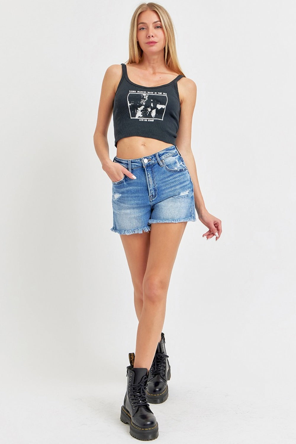 RISEN Full Size High Rise Distressed Raw Hem Denim Shorts Sunset and Swim   