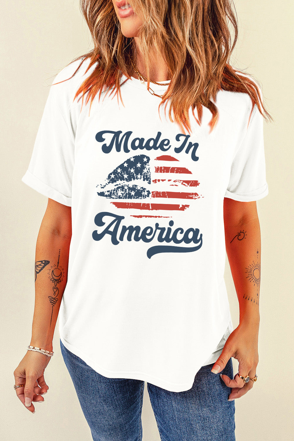 Made in America Round Neck Short Sleeve T-Shirt Sunset and Swim White S 