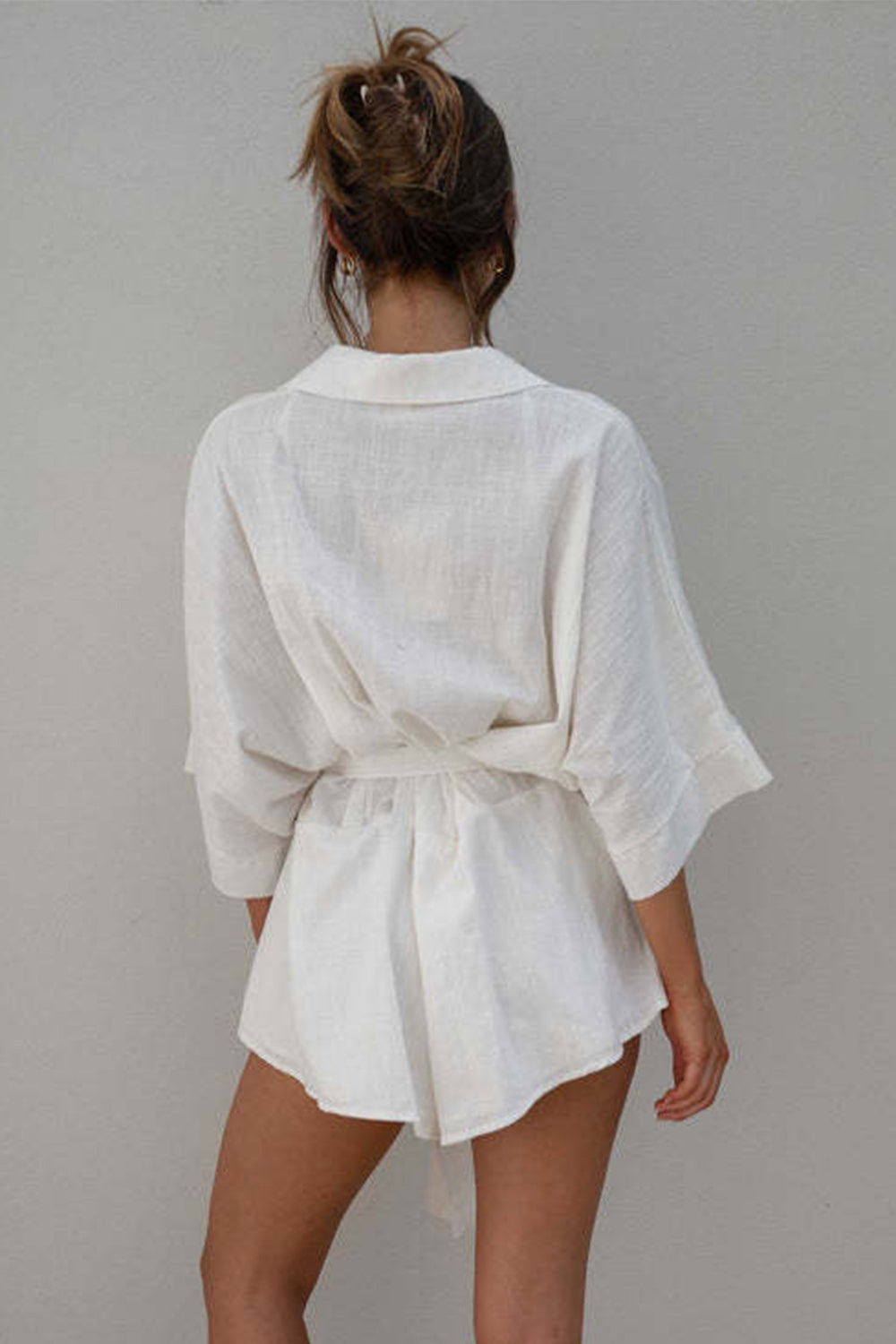 Tied Button Up Collared Neck Romper Sunset and Swim   