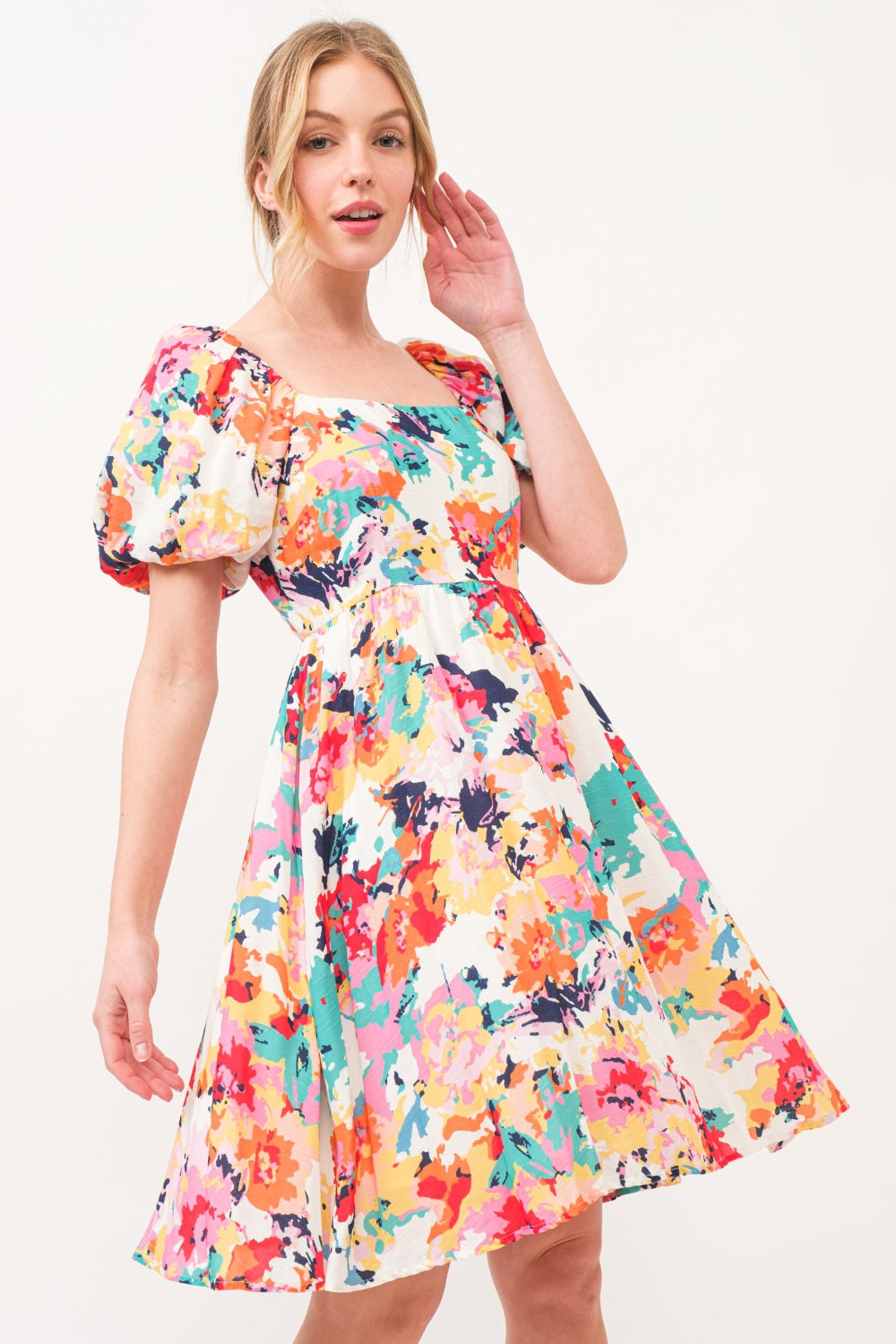 And The Why Square Neck Puff Sleeve Floral Dress Sunset and Swim Multi S 