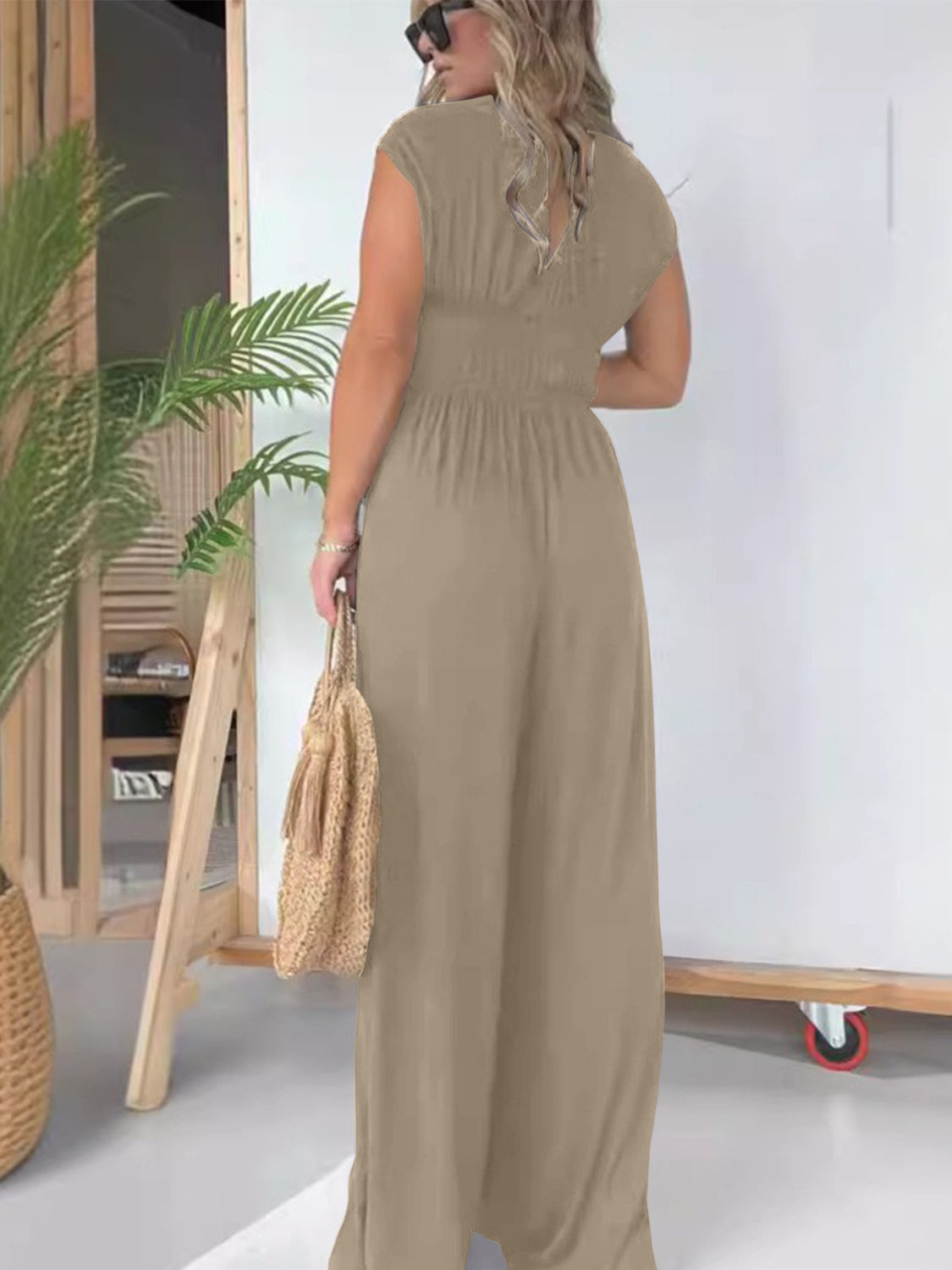 Smocked Cap Sleeve Wide Leg Jumpsuit Sunset and Swim   