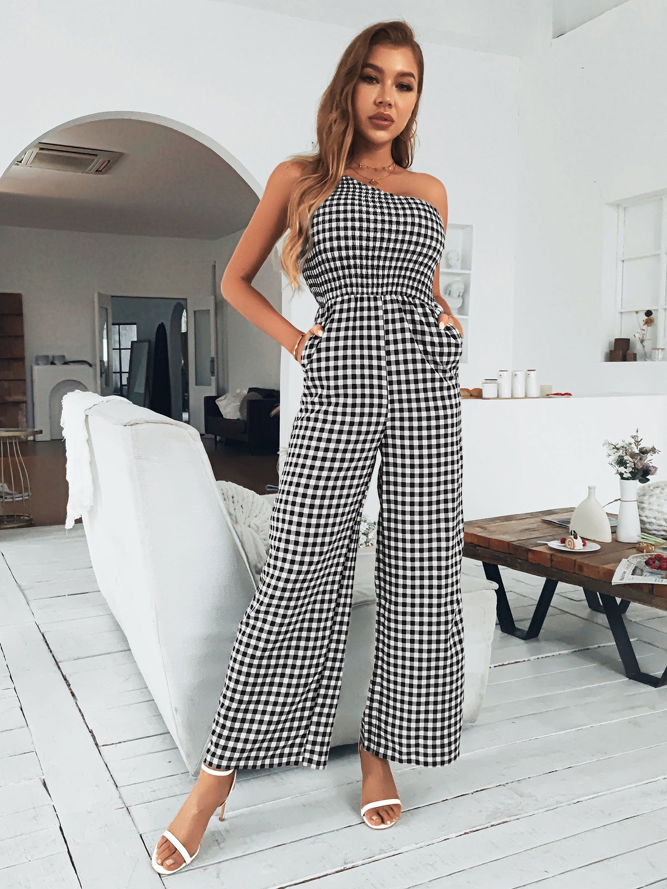 Plaid One-Shoulder Wide Leg Jumpsuit with Pockets  Sunset and Swim   