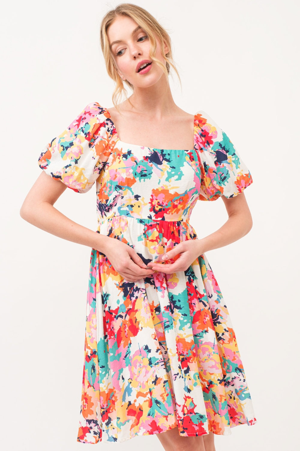 And The Why Square Neck Puff Sleeve Floral Dress Sunset and Swim   