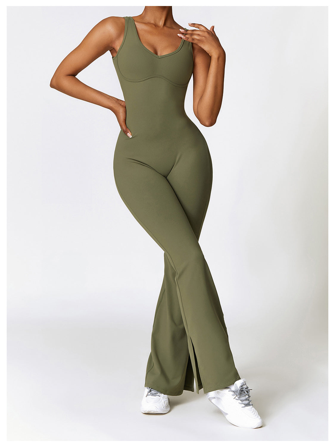 Sunset and Swim  Wide Strap Bootcut Slit Active Jumpsuit Sunset and Swim Matcha Green S 