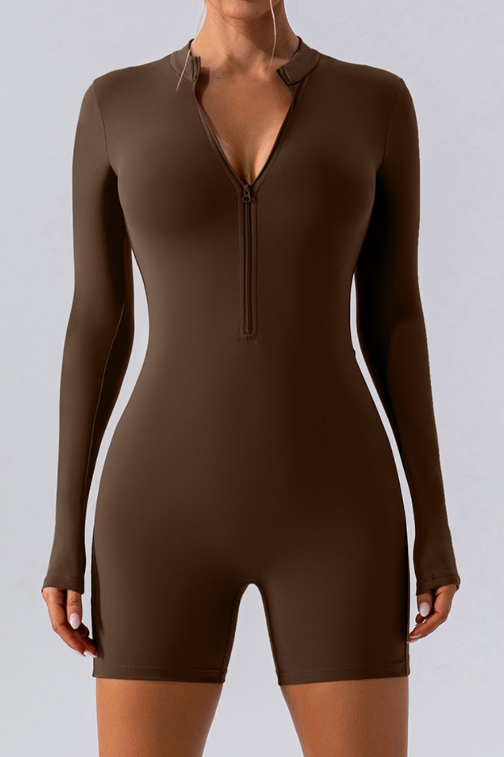 Half Zip Long Sleeve Active Romper Sunset and Swim Chocolate S 