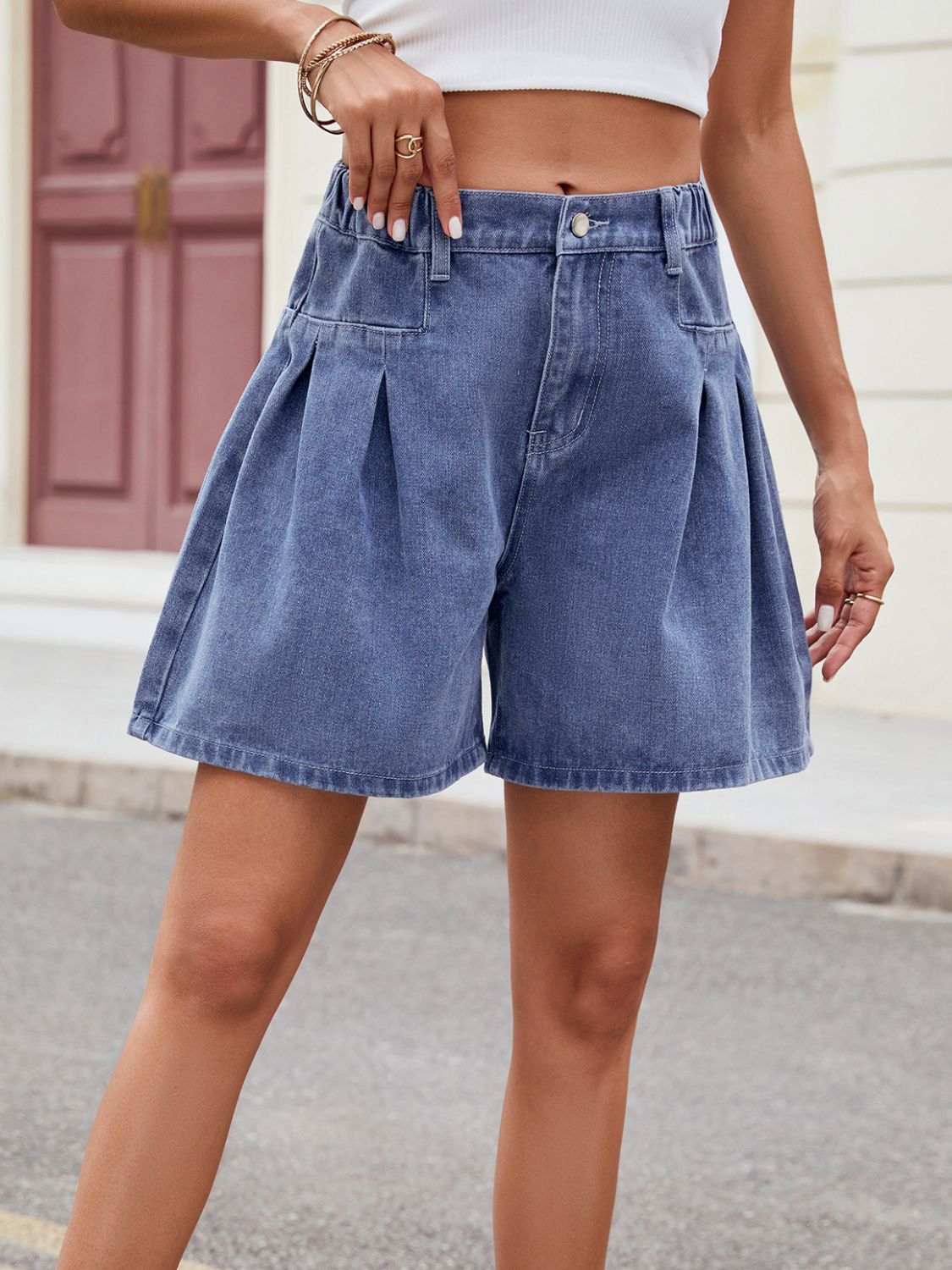 Ruched Half Elastic Waist Denim Shorts Sunset and Swim   