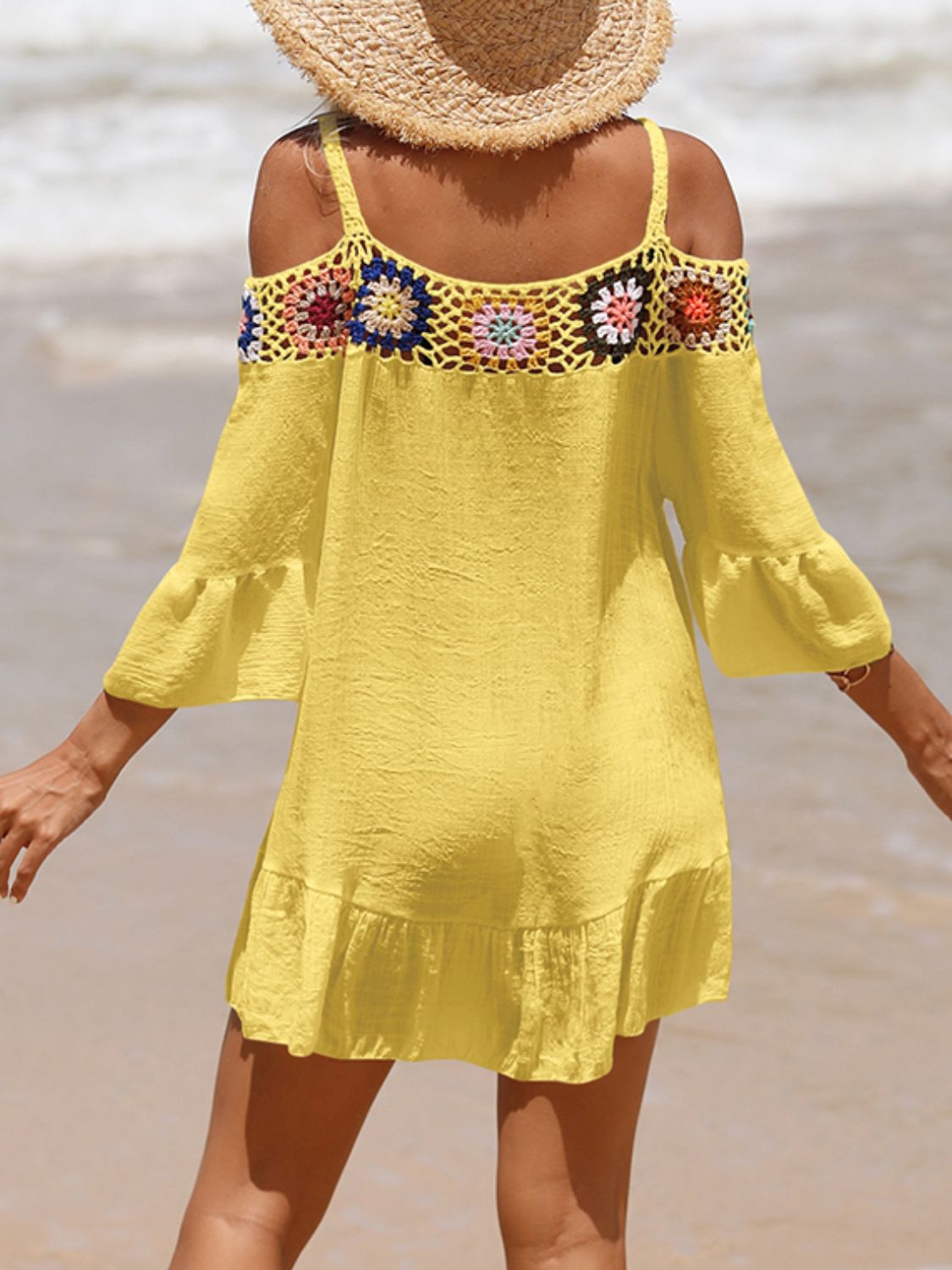 Sunset Vacation  Crochet Cold Shoulder Three-Quarter Sleeve Beach Cover Up Sunset and Swim   