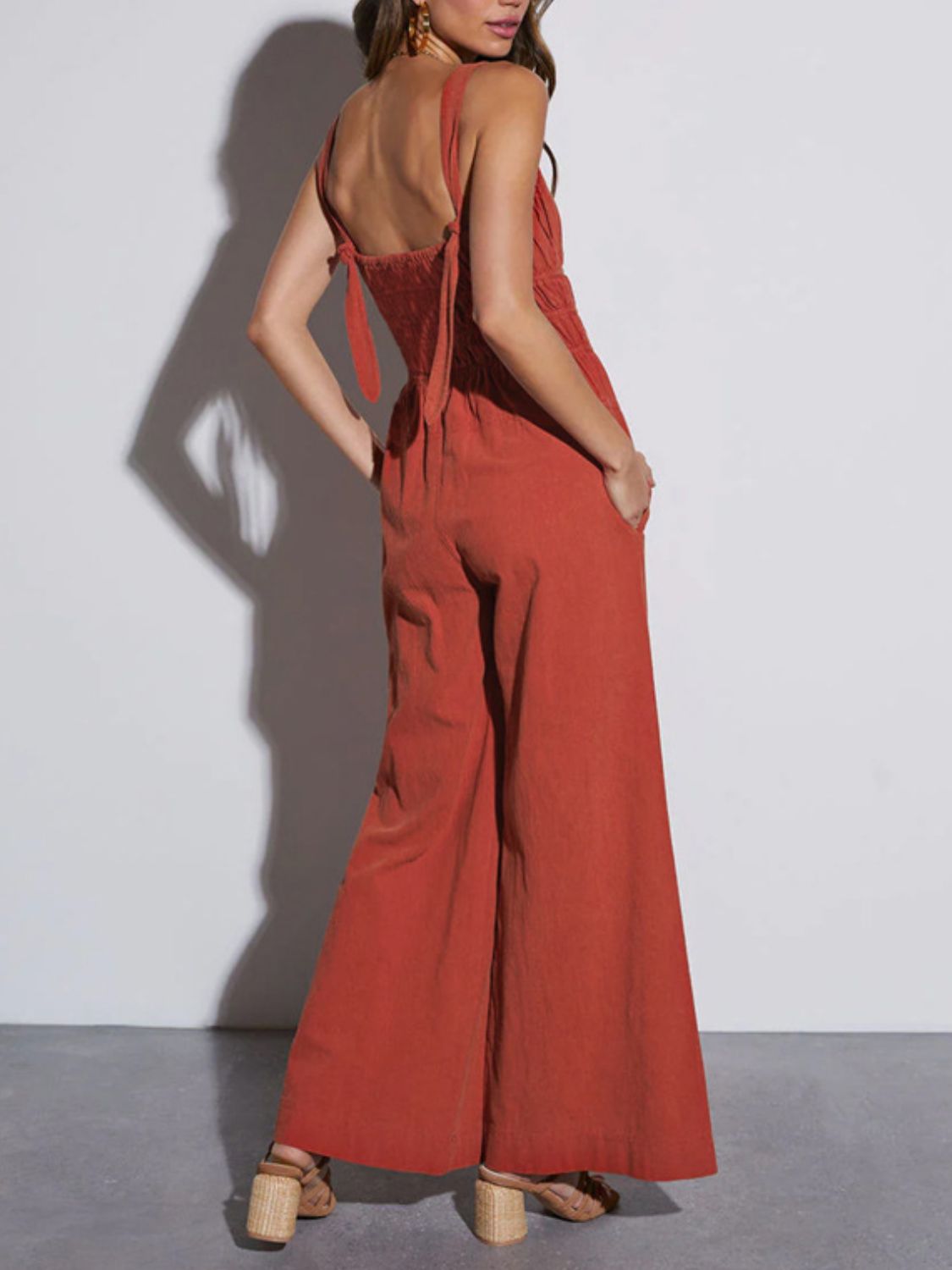 Ruched Wide Strap Jumpsuit with Pockets Sunset and Swim   