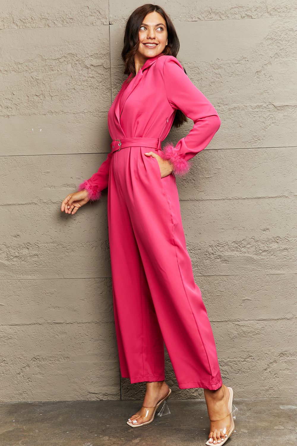 Lapel Collar Long Sleeve Jumpsuit Sunset and Swim   