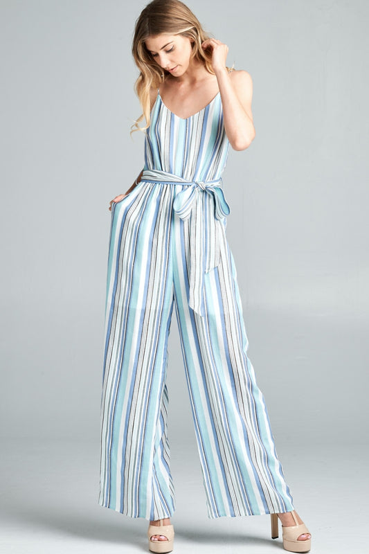 Cotton Bleu by Nu Label Tie Front Striped Sleeveless Jumpsuit  Sunset and Swim Blue S 