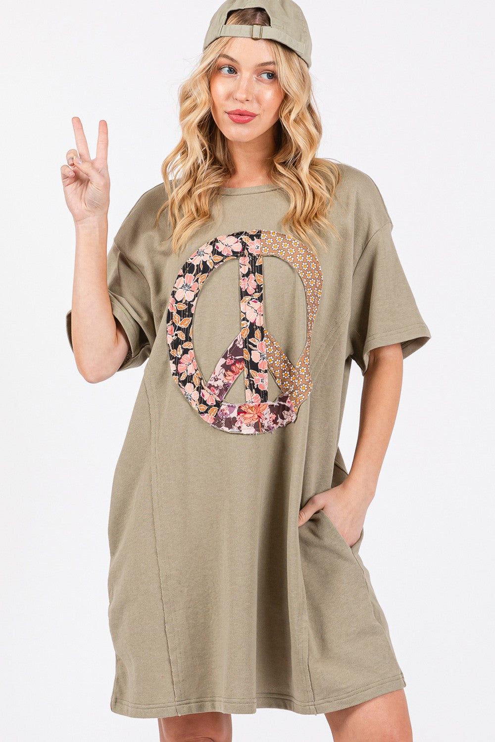 Sunset and Swim  Full Size Peace Sign Applique Short Sleeve Tee Dress Sunset and Swim   