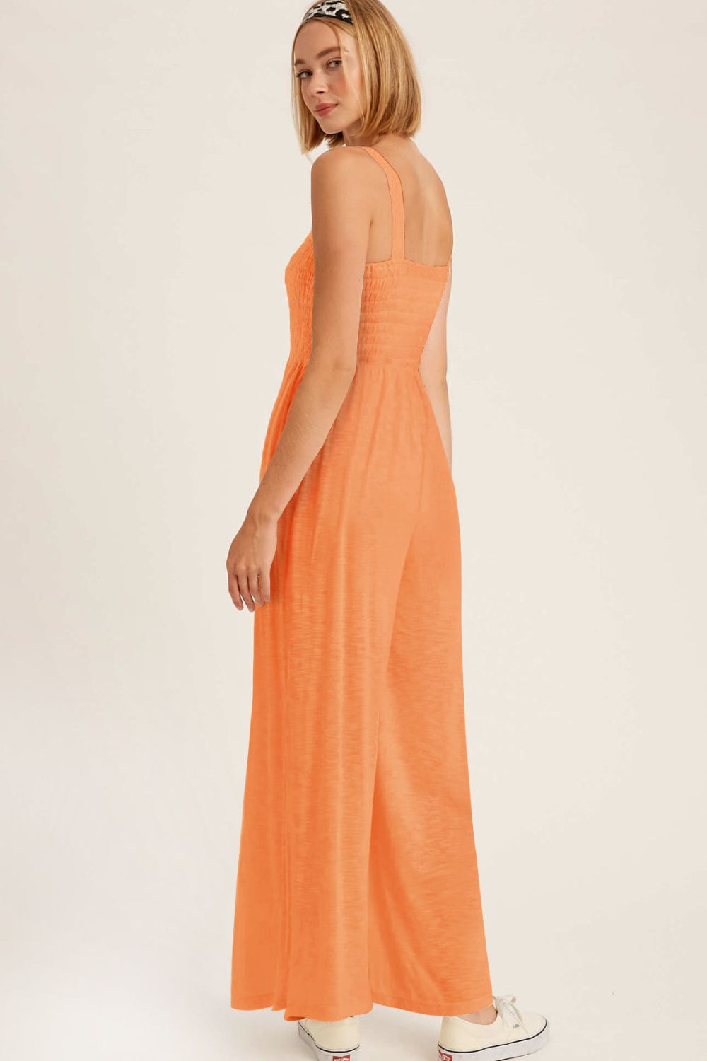 Smocked Square Neck Wide Leg Jumpsuit with Pockets Sunset and Swim   