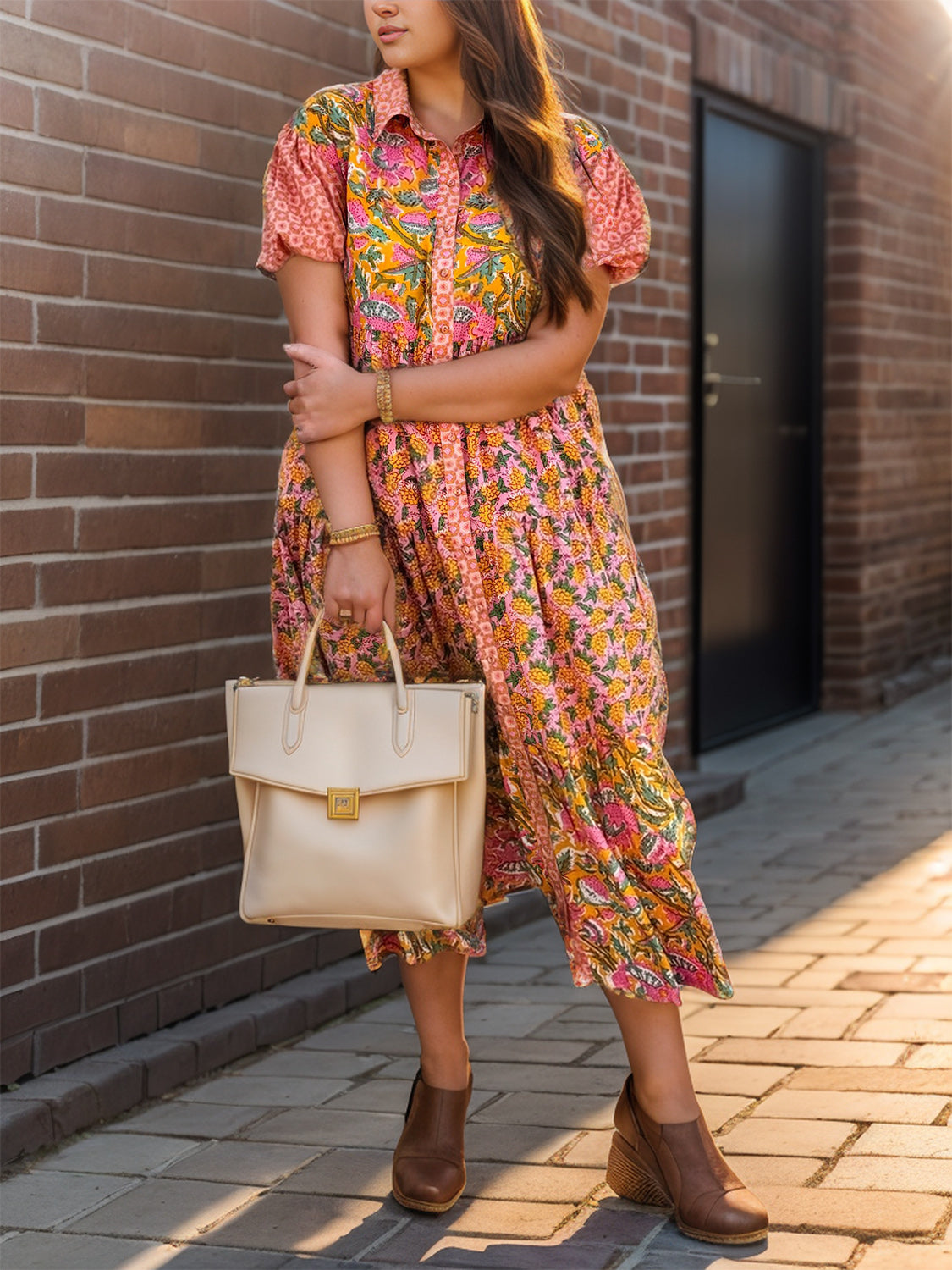 Printed Collared Neck Short Sleeve Midi Dress Sunset and Swim   