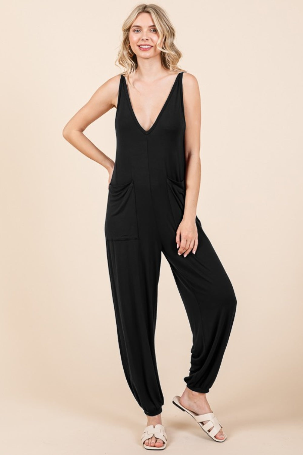 Culture Code Full Size Plunge Sleeveless Jumpsuit with Pockets Sunset and Swim Black S 