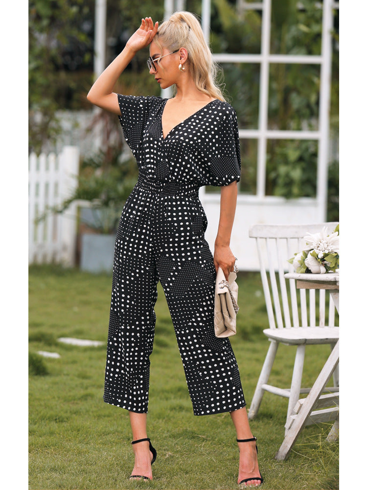 Polka Dot Surplice Neck Jumpsuit with Pockets Sunset and Swim   