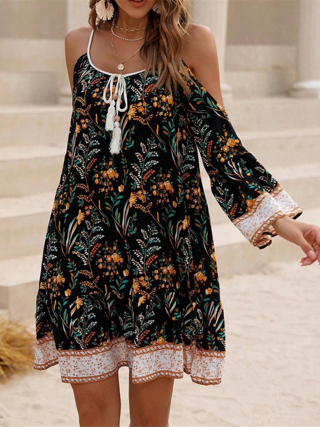 Tassel Printed Long Sleeve Mini Cami Dress Sunset and Swim   