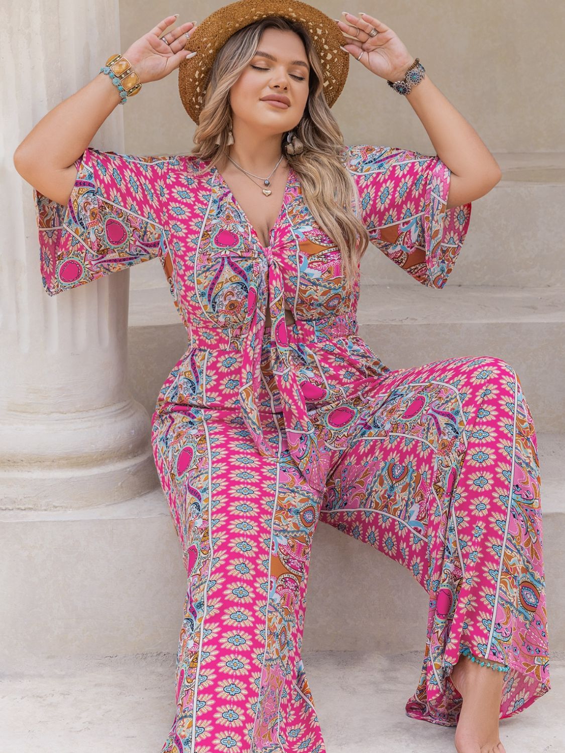 Sunset Vacation Plus Size Printed Half Sleeve Wide Leg Jumpsuit Sunset and Swim   