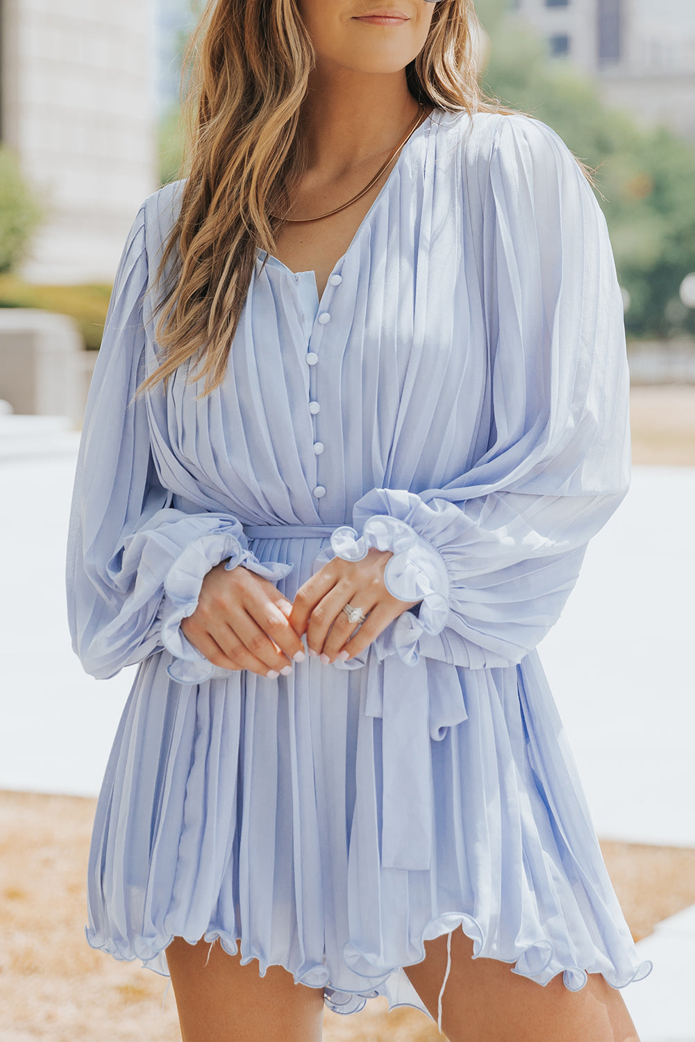 Pleated Button Front Flounce Sleeve Romper Playsuit  Sunset and Swim Pastel  Blue S 
