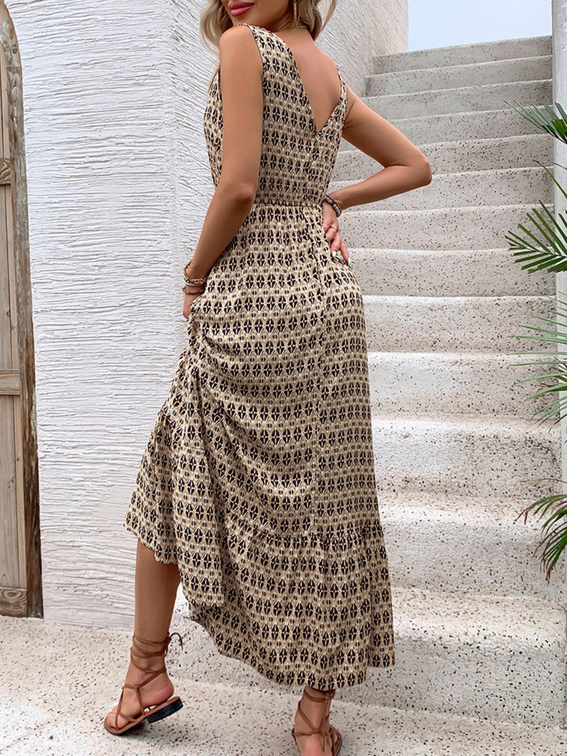 Printed V-Neck Tie Waist Midi Dress Sunset and Swim   