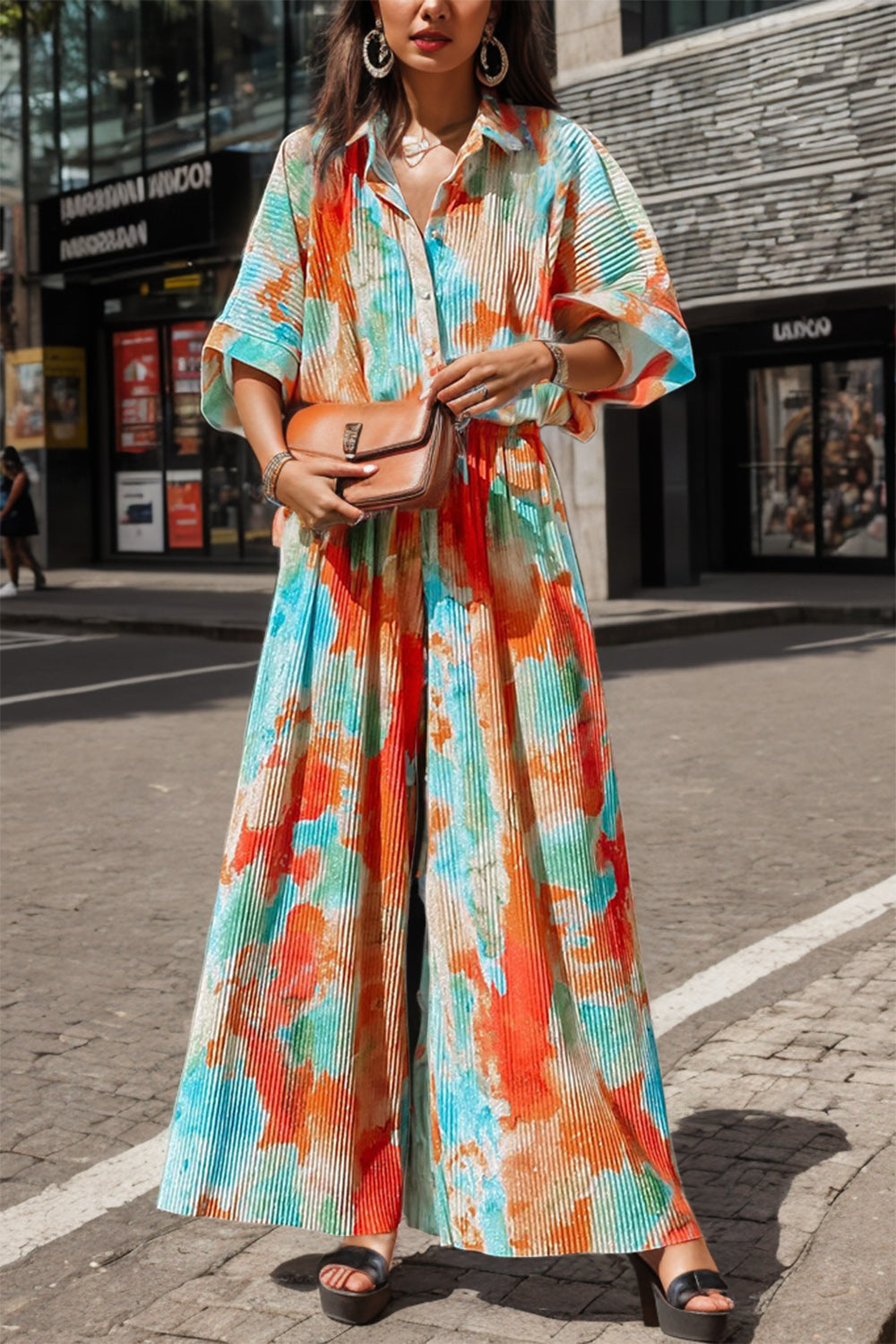 Sunset and Swim Tie-Dye Half Button Collared Neck Jumpsuit Sunset and Swim Orange S 