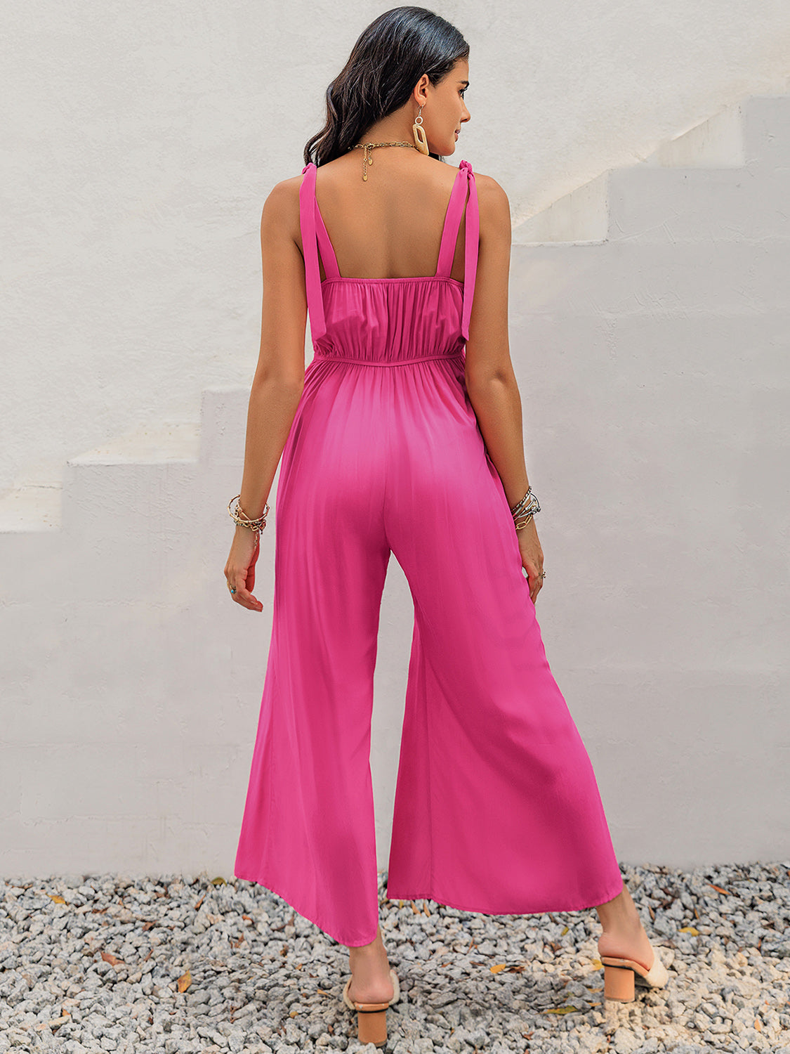 V-Neck Wide Strap Slit Jumpsuit Sunset and Swim   