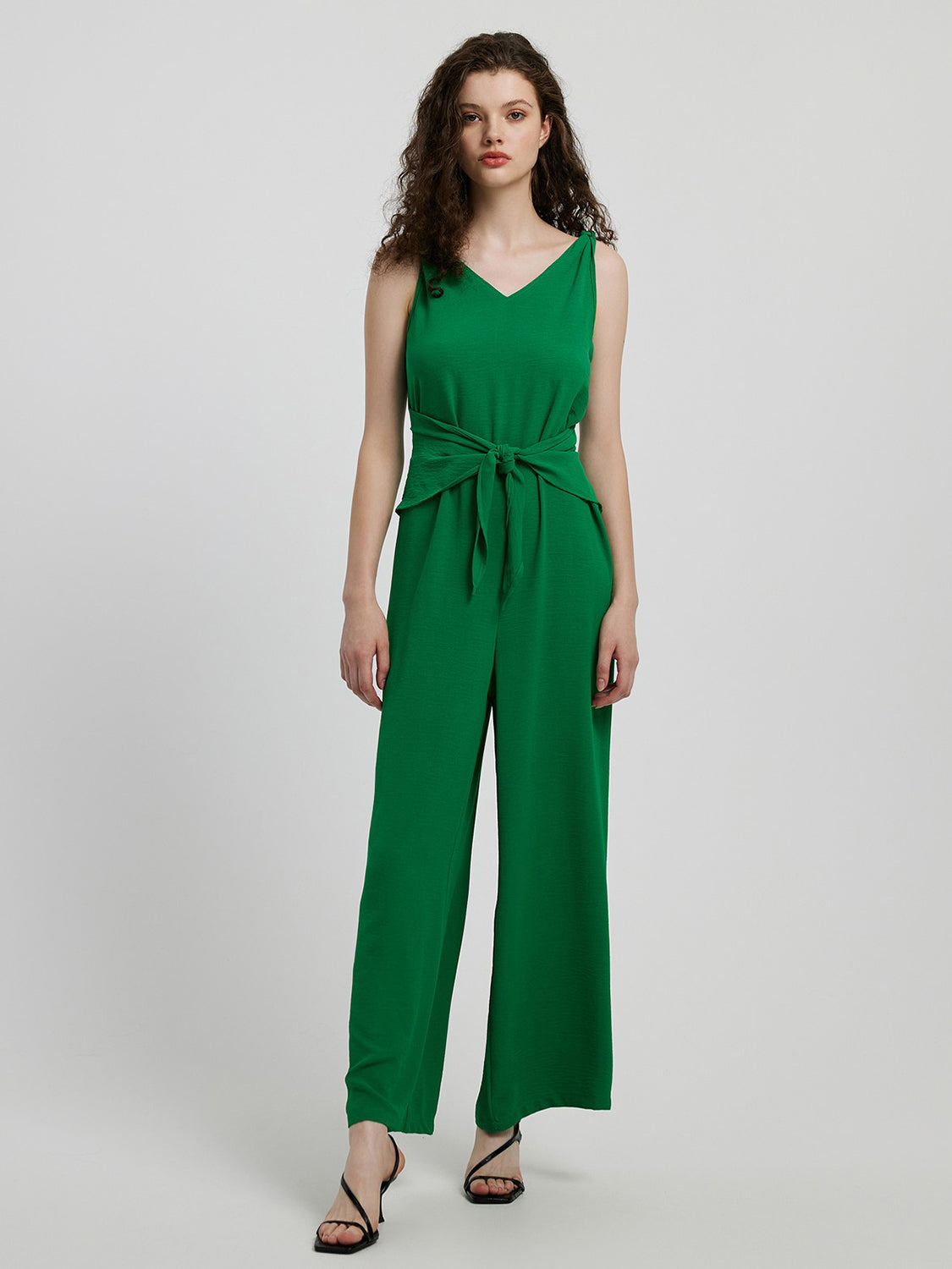 Knot Detail Tie Front Sleeveless Jumpsuit Sunset and Swim Mid Green S 