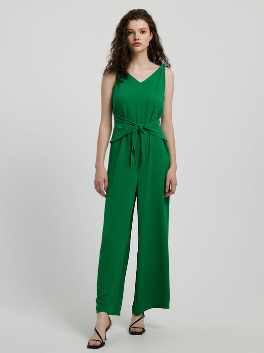 Knot Detail Tie Front Sleeveless Jumpsuit  Sunset and Swim Mid Green S 
