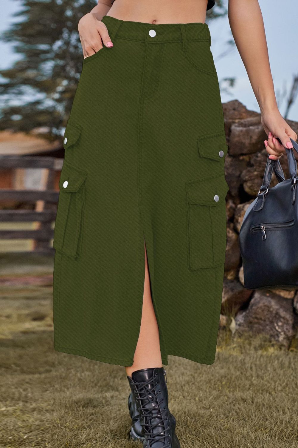 Slit Front Midi Denim Skirt with Pockets Sunset and Swim Army Green S 