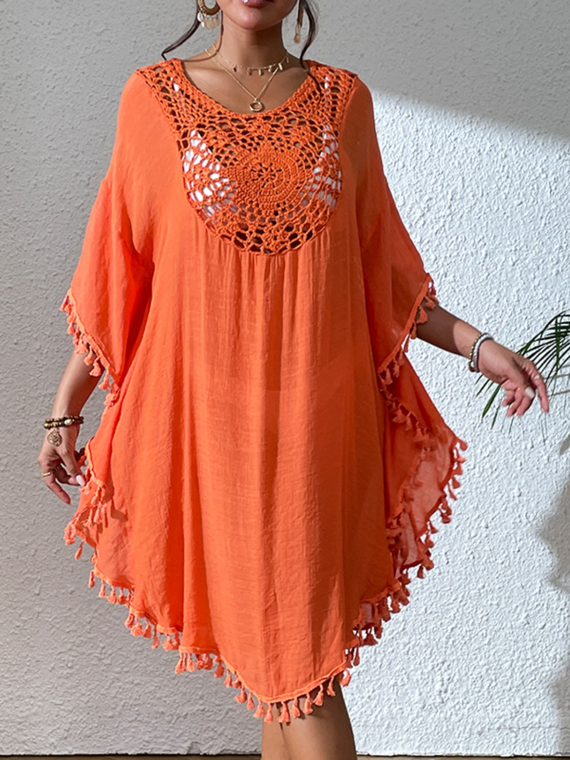Sunset Vacation  Tassel Cutout Scoop Neck Cover-Up Dress  Sunset and Swim Orange One Size 