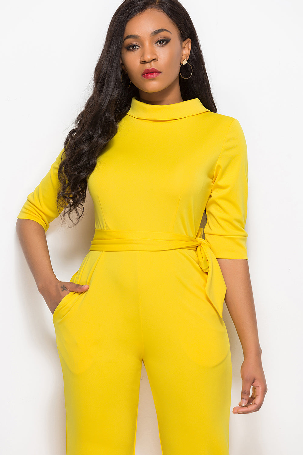 Mock Neck Tie-Waist Half Sleeve Jumpsuit Sunset and Swim   