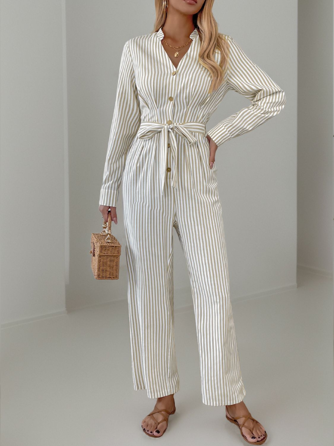 Sunset Vacation Striped Notched Long Sleeve Tie Waist Jumpsuit Sunset and Swim Beige S 