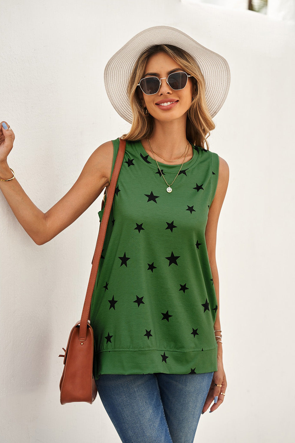 Star Print Tank with Slits Sunset and Swim Forest S 