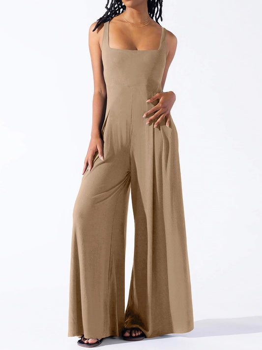 Square Neck Wide Strap Jumpsuit  Sunset and Swim Camel S 