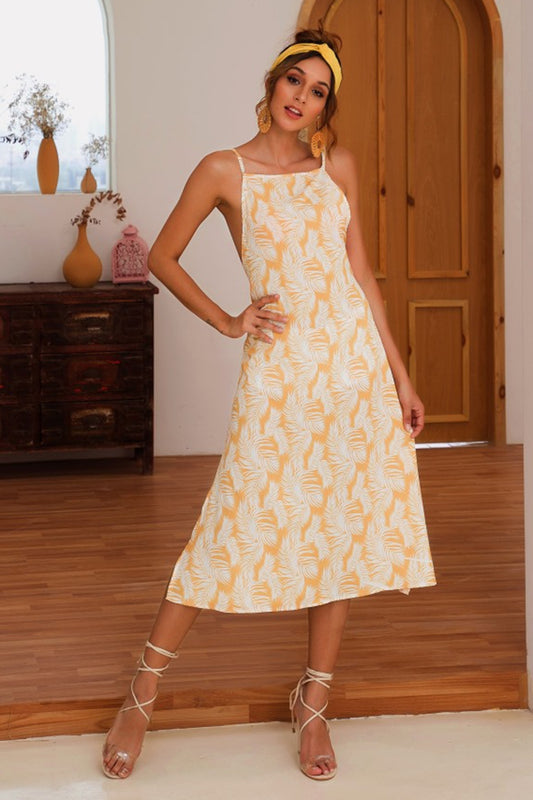 Sunset Vacation  Slit Crisscross Printed Sleeveless Cami Dress