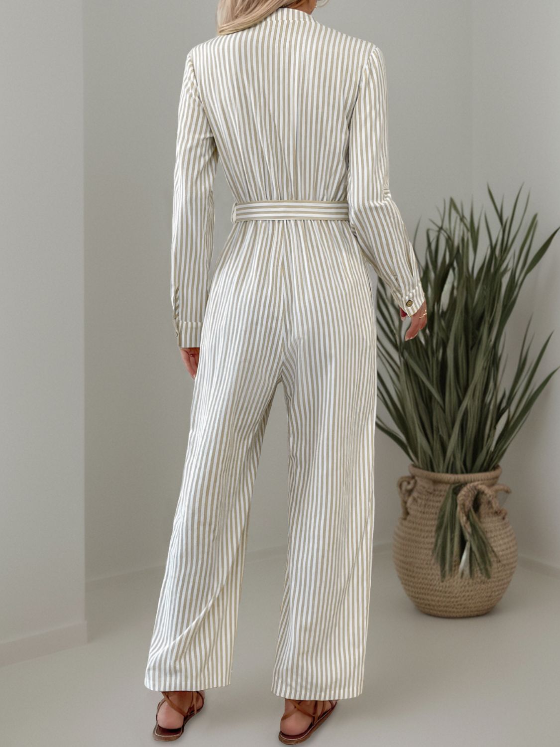 Sunset Vacation Striped Notched Long Sleeve Tie Waist Jumpsuit Sunset and Swim   