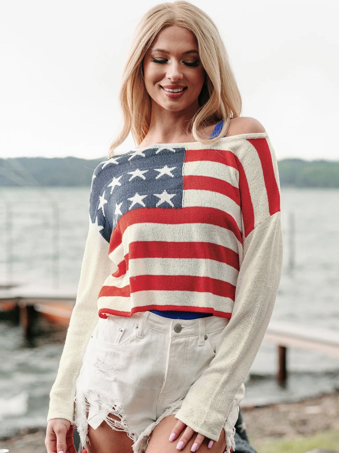 US Flag Boat Neck Long Sleeve Knit Top Sunset and Swim Ivory S 