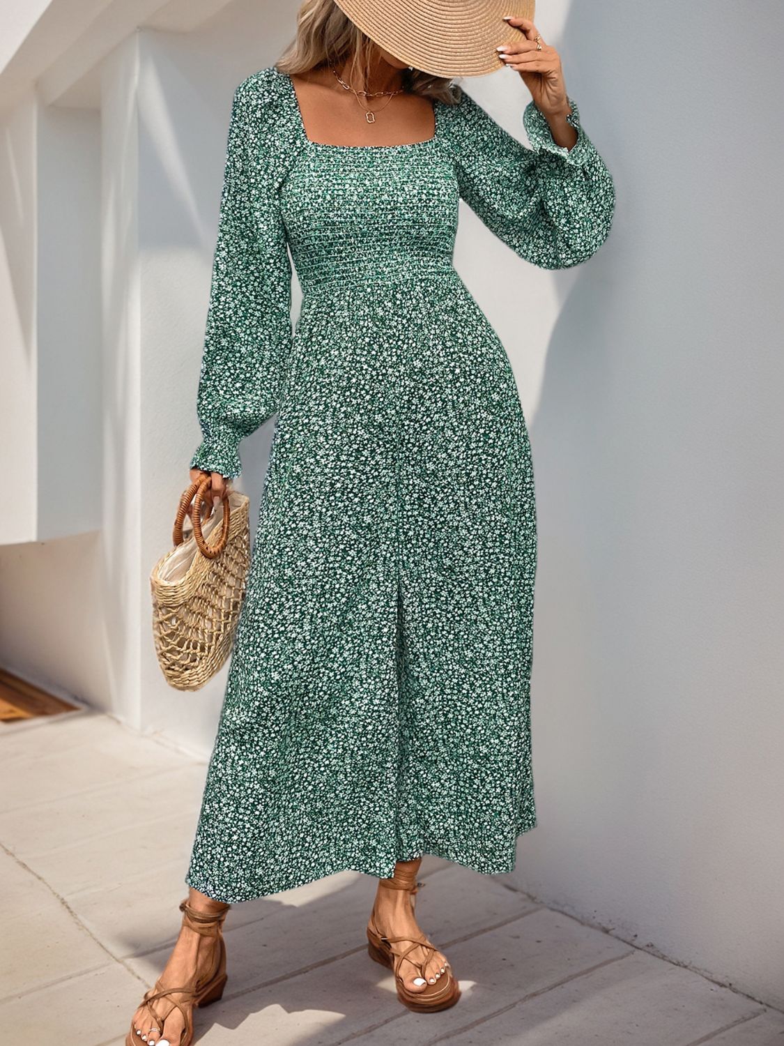 Sunset Vacation Perfee Smocked Printed Long Sleeve Wide Leg Jumpsuit Sunset and Swim   