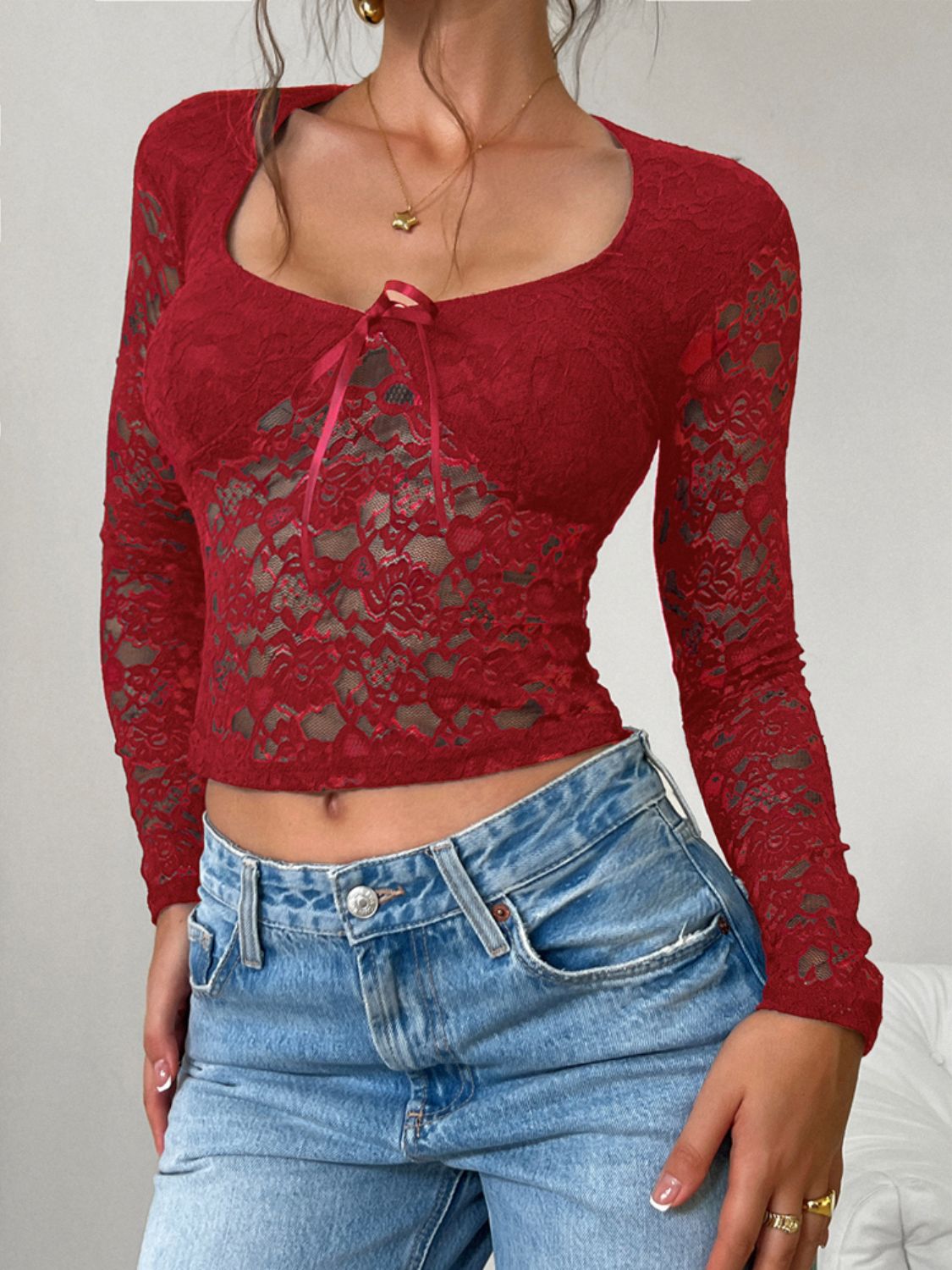 Devine Scoop Neck Long Sleeve Lace Top Sunset and Swim Burgundy S 