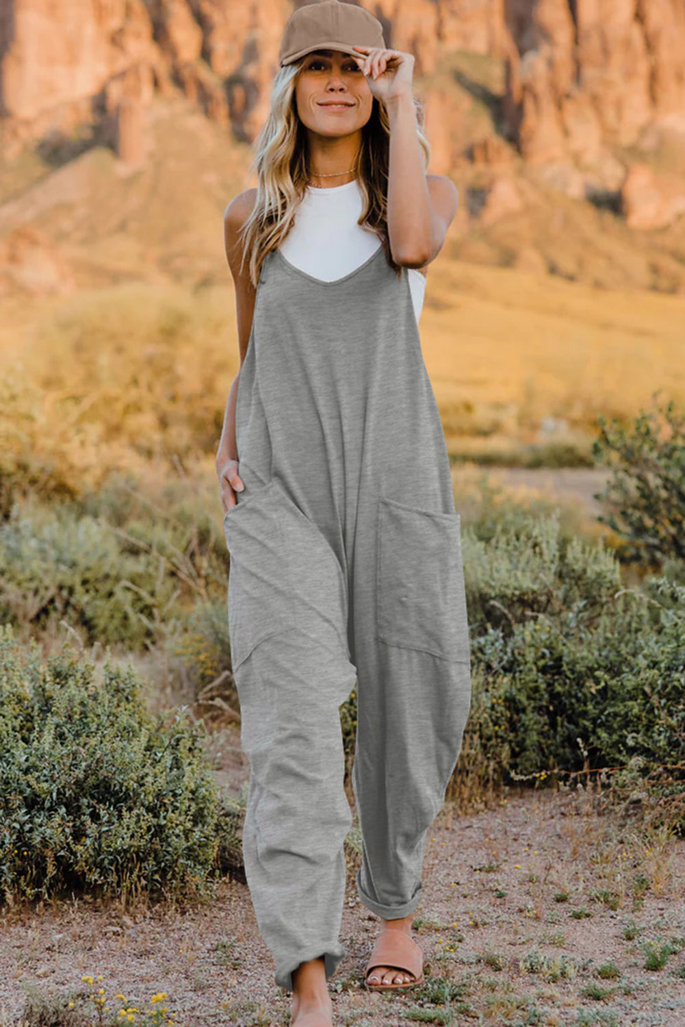 V-Neck Sleeveless Jumpsuit with Pocket Sunset and Swim Cloudy Blue S 