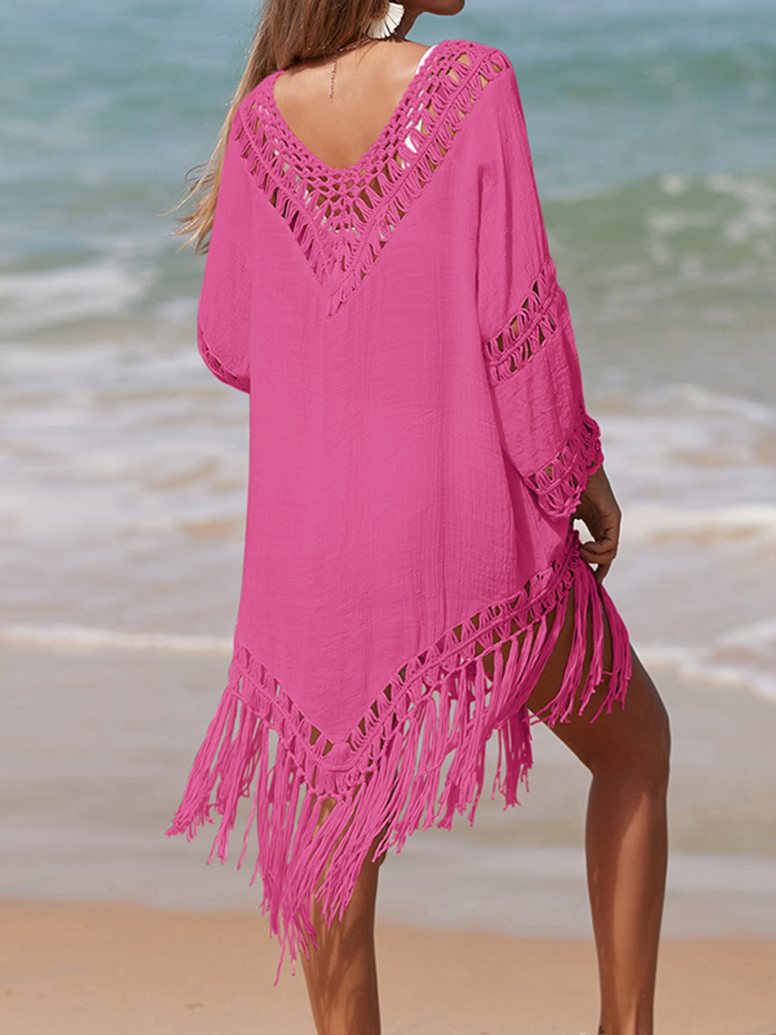 Sunset Vacation  Cutout Fringe Scoop Neck Beach Cover Up Sunset and Swim   