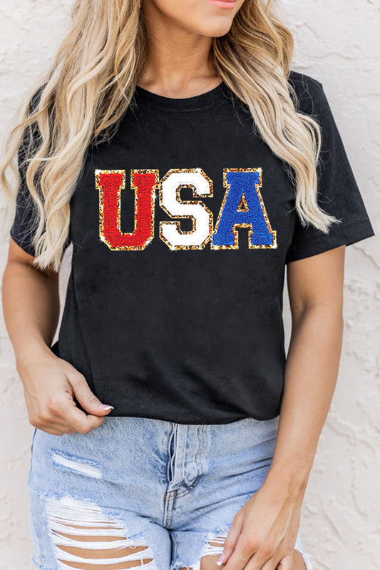 USA Round Neck Short Sleeve T-Shirt  Sunset and Swim Black S 