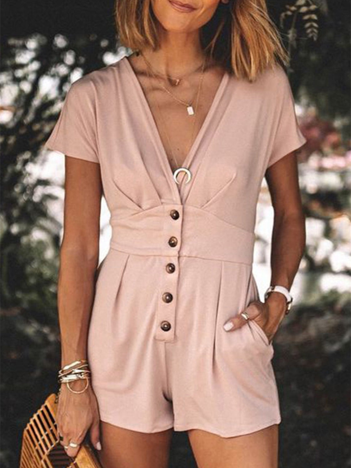 Ruched V-Neck Romper with Pockets Sunset and Swim Watermelon pink S 