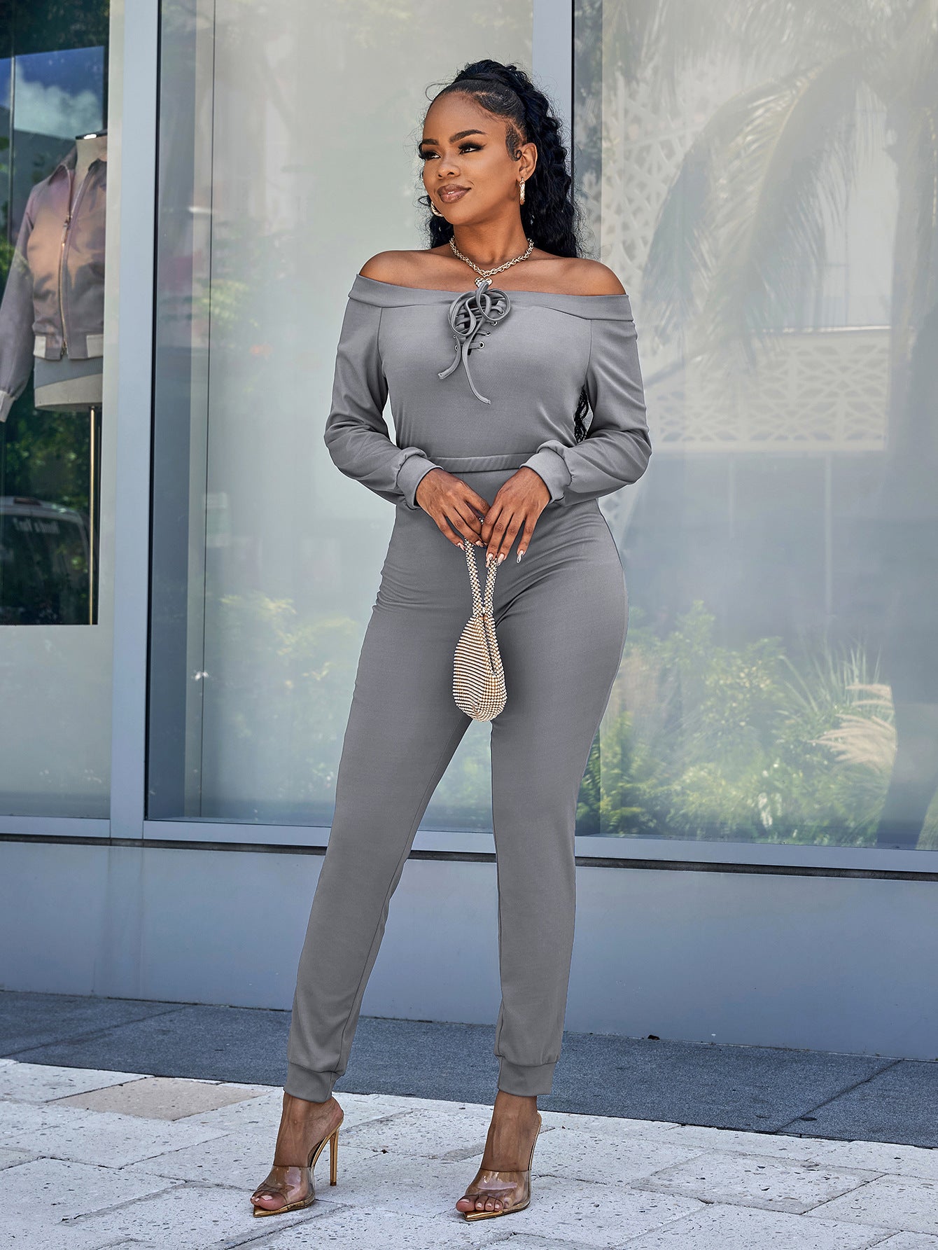 Sunset and Swim Lace-Up Off-Shoulder Long Sleeve Jumpsuit Sunset and Swim   