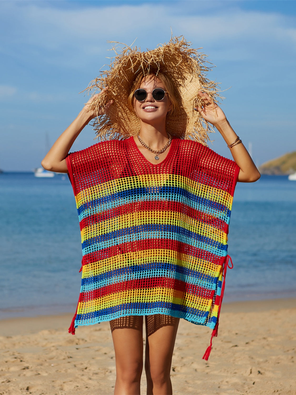 Sunset VCAY  Cutout Striped Cover-Up with Tassel  Sunset and Swim Red One Size 