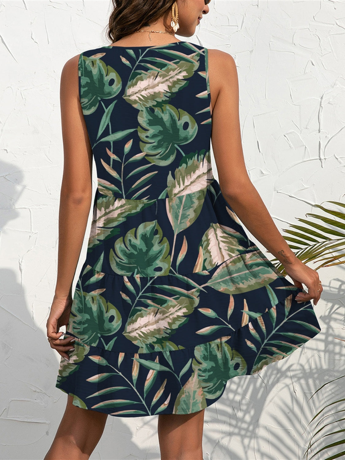 FAM-FAM Printed V-Neck Sleeveless Mini Dress Sunset and Swim   