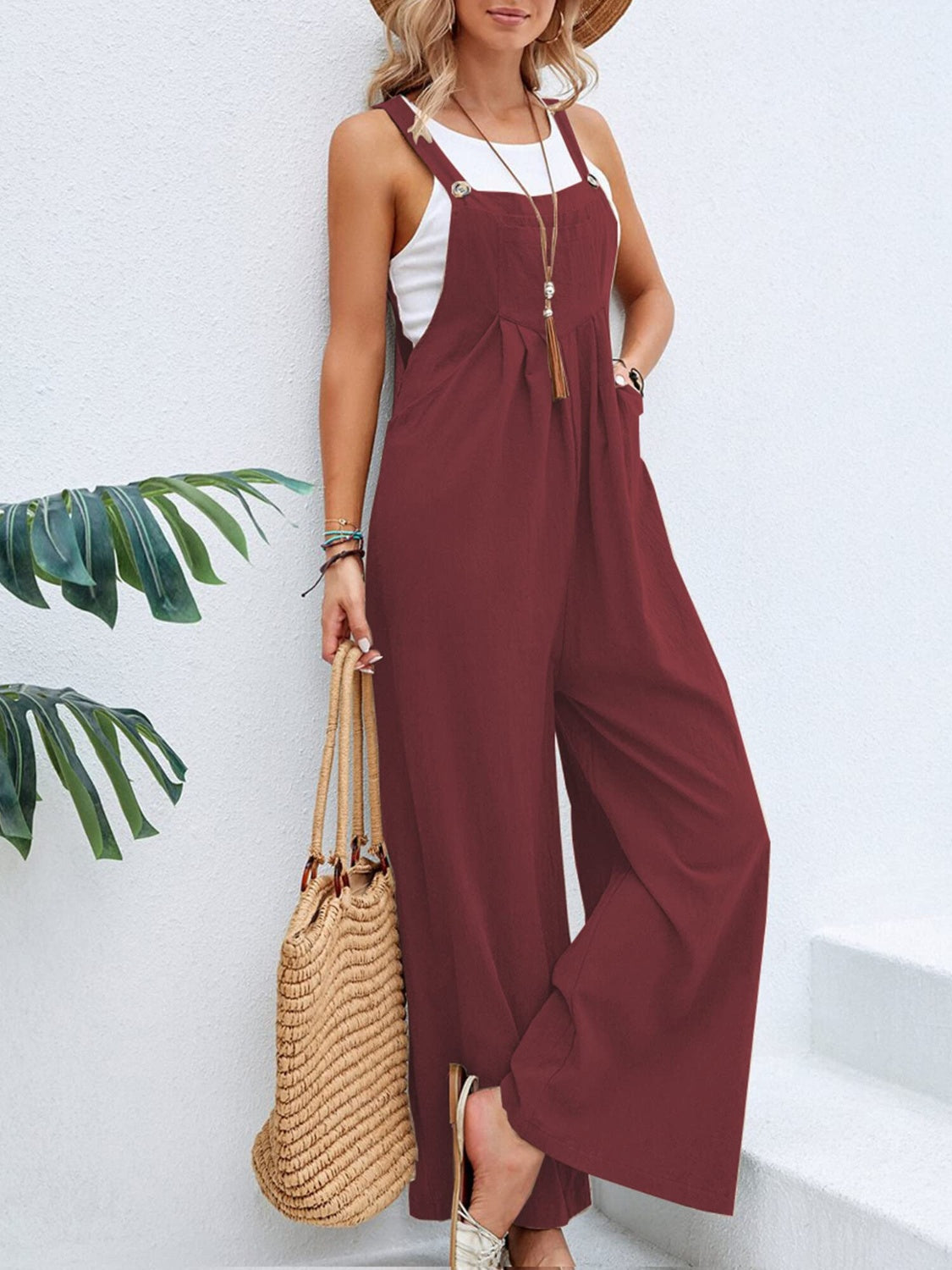 Full Size Square Neck Wide Strap Overalls Sunset and Swim   